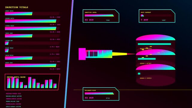 Complex penetration testing interface showing animated data flow charts with fluctuating digital gauges and cyber security analytics displayed across multiple dark panels in a modern server room