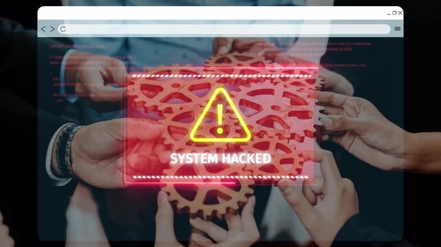 A visual representation of a cybersecurity threat featuring a group holding gears, overlaid with a "System Hacked" alert, emphasizing the importance of security in technology. Raster