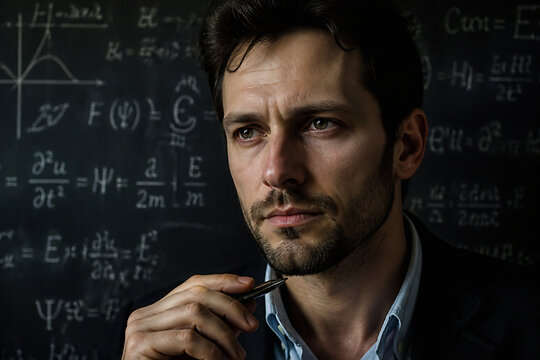 A serious-looking man with dark hair is looking intently at the viewer against a chalkboard filled with mathematical equations.