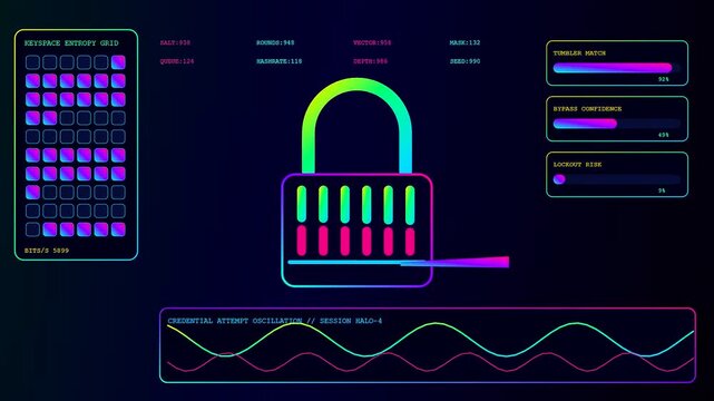 a colorful digital penetration testing dashboard featuring glowing padlock icons and shifting data waves used to simulate cybersecurity threat analysis in a dark virtual interface