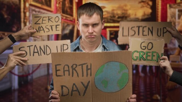 Man holds cardboard earth day sign while multiple hands hold protest placards reading stand up go green in a museum building; climate concern.