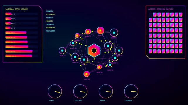 A penetration testing interface displays fluctuating data pathways and active session matrix grids that blink across a dark purple screen as digital metrics evolve in sequence