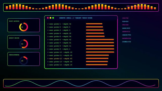 A comprehensive penetration testing simulation displays moving digital graphs and real time system command lines across three separate monitor panels in a darkened virtual cyber environment