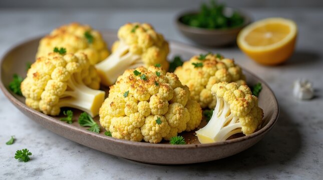 Deliciosa coliflor romanesco entera asada con ajo, ralladura de lim&oacute;n y perejil
