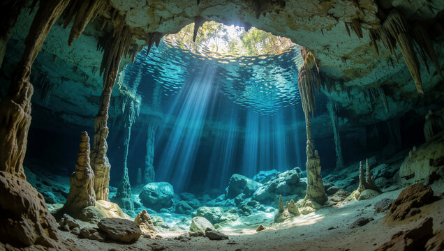 Underwater cave with stalactites and sunbeams in a cenote