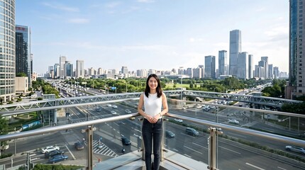 Fototapeta premium Smiling young woman standing on balcony overlooking modern city skyline