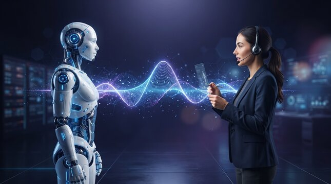 Conversational AI Concept with Humanoid Robot and Human Customer Service Agent