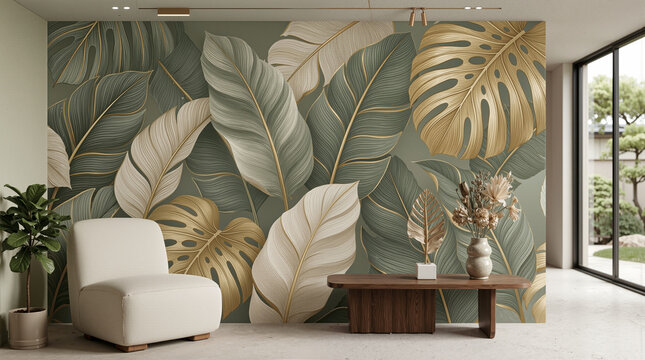 Modern Living Room Interior Mockup with Luxury Gold and Sage Green Tropical Botanical Monstera Leaves Mural Wallpaper