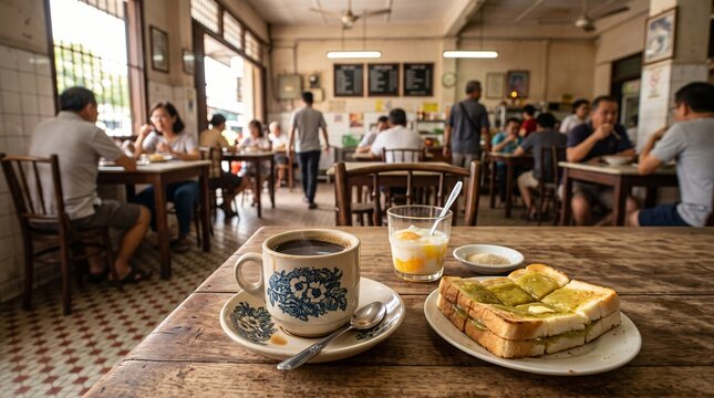 Traditional Malaysian Kopitiam Breakfast with Coffee, Kaya Toast and Eggs