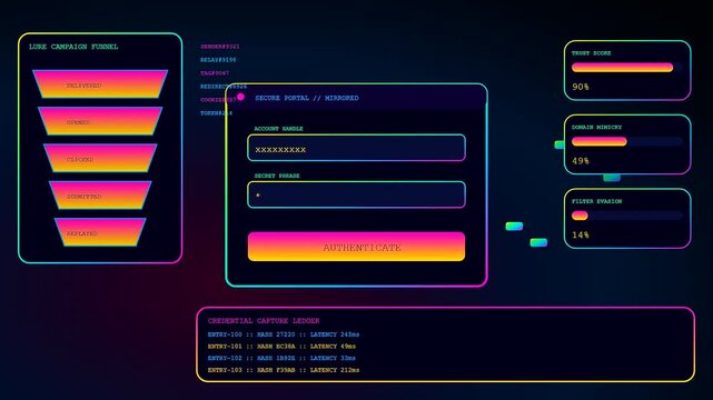 a penetration testing dashboard displays fluctuating metrics and digital funnels on a dark interface showing simulated cyber security activity during an active monitoring sequence session