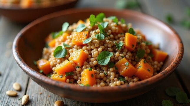Ensalada tibia de grano de Freekeh con calabaza asada, hierbas y semillas de calabaza tostadas, servida en un bol de cer&aacute;mica