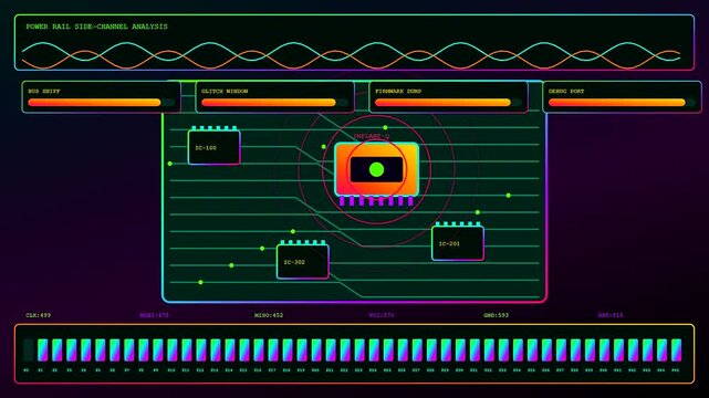 A sophisticated penetration testing interface displays complex signal wave diagrams and grid patterns as digital firmware data flows across the screen in a simulated cyber environment