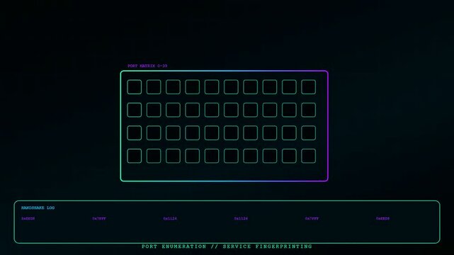 A digital penetration testing interface displays fluctuating rectangular nodes and hexadecimal logs across three screen segments featuring vibrant purple and cyan glowing light grid elements