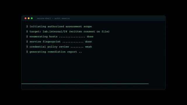 A sequence showing a penetration testing session running inside a terminal window with text commands appearing on the screen during a digital security audit process