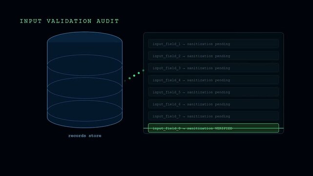 Digital penetration testing process illustrated by sequential verification of database field entries on a dark screen showing methodical progress through eight individual list items