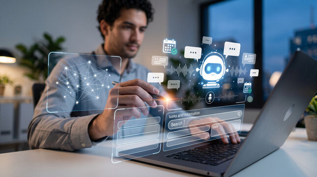 AI Virtual Assistant Interface with Business Professional Using Laptop for Automated Digital Communication and Smart Technology 
