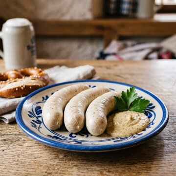 Three Traditional Bavarian White Sausages on Blue Pattern Plate.