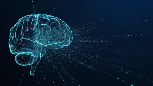 Futuristic Luminous 3D Brain Animation Formed from Glowing Blue Particles, Digital Neural Network and Artificial Intelligence Concept, Full HD Motion Graphic