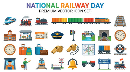 Fototapeta premium Railway Day Vector Icon Set Representing Modern Trains and Traditional Railway Equipment for Transportation and Travel Logistics Industry