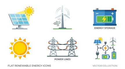 Naklejka premium Collection of flat renewable energy icons featuring solar panels wind turbines energy storage and power lines for sustainable power grid systems