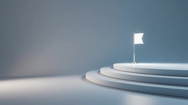 Minimalist Concept of Project Completion Featuring a Metallic Flag on a White Stage, Professional Business Motion Background