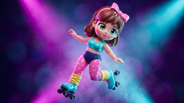 3D animated girl roller skating mid-air jump with colorful neon lights in dynamic pose