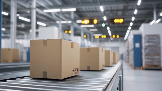 Logistics Warehouse Conveyor Belt Moving Cardboard Boxes, Industrial Supply Chain and Global Shipping Concept, Full HD Video