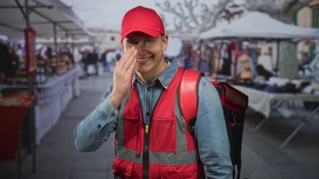 Man courier in red vest and cap smiles while covering one eye with hand at a busy street market wearing insulated delivery backpack; dependable service friendly.