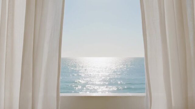 Calm Ocean Horizon View Through White Linen Curtains, Peaceful Coastal Interior and Vacation Atmosphere, Full HD Loop Background