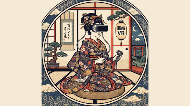 Geisha wearing a modern virtual reality headset sits in a traditional Japanese room to experience digital immersion as a bridge between ancient cultural aesthetics and future technological innovation.
