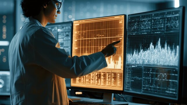 Data science and big data technology. Scientist computing, analyzing and visualizing complex data set on computer. Data mining, artificial intelligence, machine learning, business analytics.