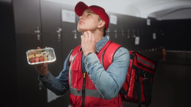 Man courier in red vest and cap touching chin while holding sushi foil tray and thermal delivery backpack in locker room; hesitation.
