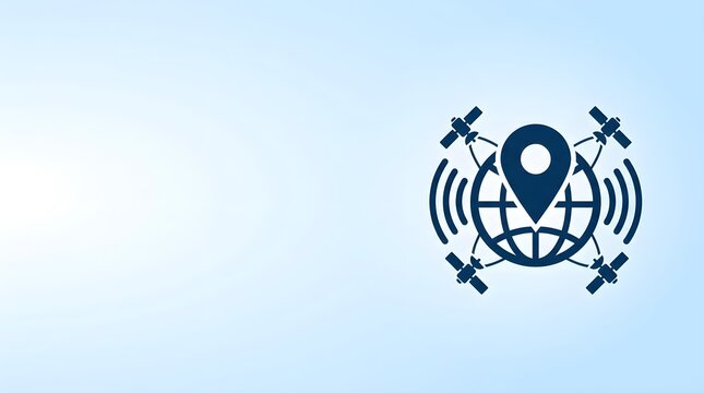 Minimalist Light Blue Background with Global Satellite Navigation Icon and Location Pin for Telecommunication and Technology Presentations