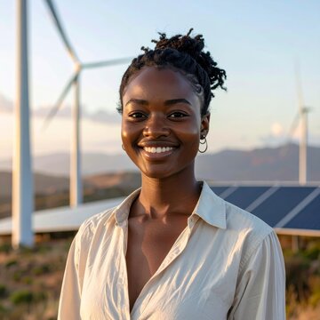 Young African woman smiling confidently in front of wind turbines and solar panels at sunset