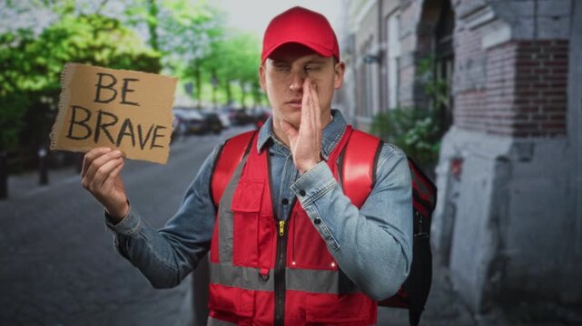 Man courier in red cap and vest holds cardboard sign reading be brave and presses hand to cheek on a street by a building; determination resilience.