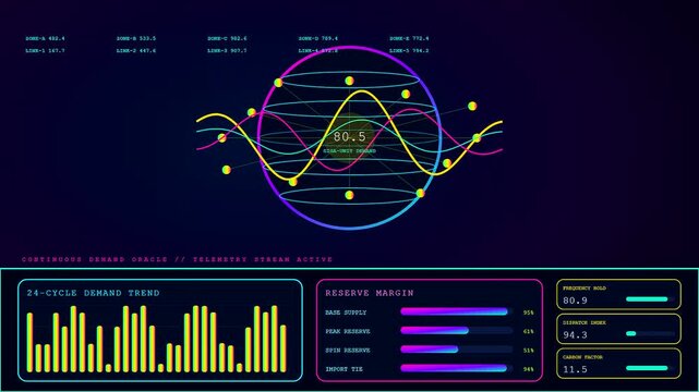 Digital power telemetry visualizations display fluctuating waveform energy patterns with neon glowing data charts inside a dark virtual interface representing real time monitor system network status