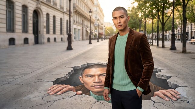 Stylish man standing next to 3D street art portrait on a city sidewalk at sunset.