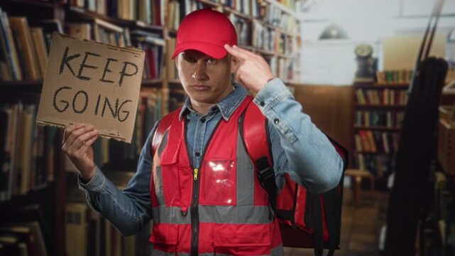 Man courier in red uniform holding a cardboard sign reading keep going and points finger to temple in a building; determination resilience.
