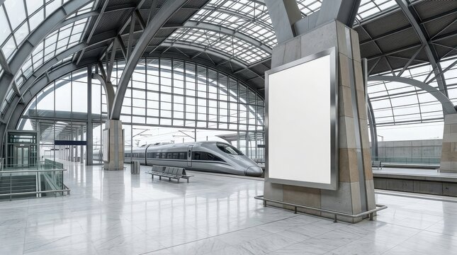 Billboard stands empty on a modern train station platform.