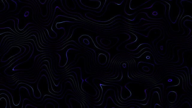 seamless fractal animation, abstract neon topographic lines on black background with colorful wavy line glowing with colorful gradient in ultraviolet