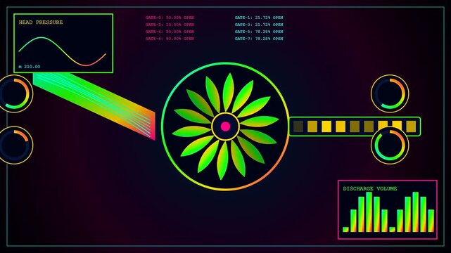 Data flow within a digital power telemetry interface showing changing energy levels and pressure graphs in a cycling multi panel graphical user display animation sequence