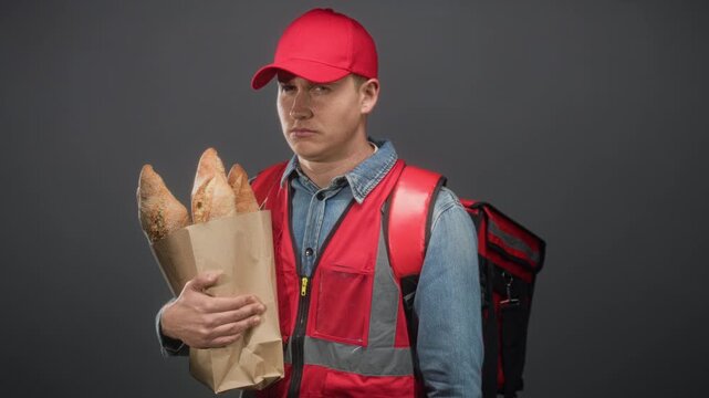 Man courier in red uniform and cap holding paper bag of bread with hand and shoulder backpack in studio; tired duty.