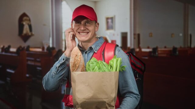 Man courier in red cap and uniform holding a paper grocery bag with bread and lettuce, hand to cheek while smiling inside a church building; cheerful service.