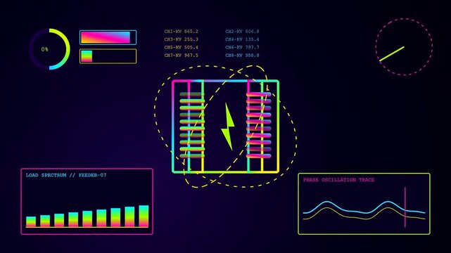 Industrial power telemetry displayed through animated graphical user interface elements with glowing neon vibrant lines and shifting digital waveforms on a dark midnight blue backdrop
