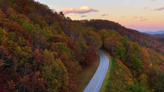 Peaceful empty road beneath colorful autumn leaves at sunset. Winding route through dense woodland glowing with seasonal foliage.