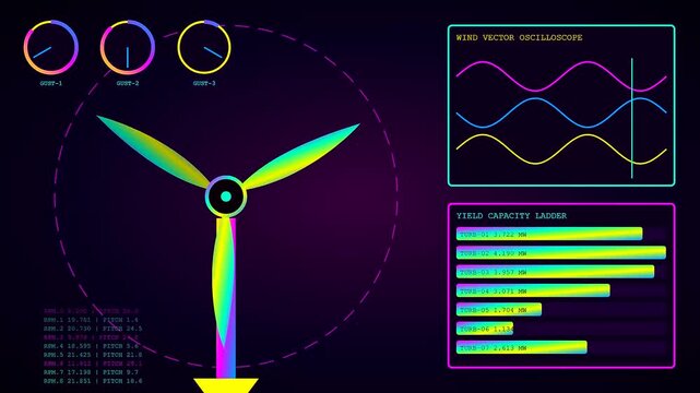 Industrial power telemetry monitoring systems display wind turbine rotation and voltage output levels shown on glowing digital interfaces with neon colored graphs for clean energy production