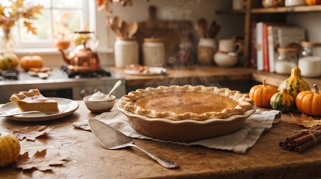 Steaming pumpkin pie on a rustic wooden table surrounded by autumn leaves, pumpkins, and kitchenware in a cozy, warm kitchen setting.