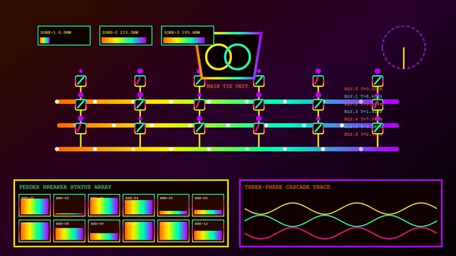 Digital power telemetry monitoring interface displaying electrical grid flow charts and signal wave analysis for industrial surveillance during a continuous automated system update process on screen