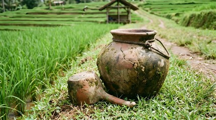 Obraz premium Traditional Indonesian clay pot and dipper on green grass with lush rice field terraces background