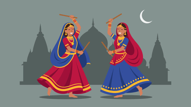 Indian women performing Garba dance with dandiya sticks during Navratri festival.